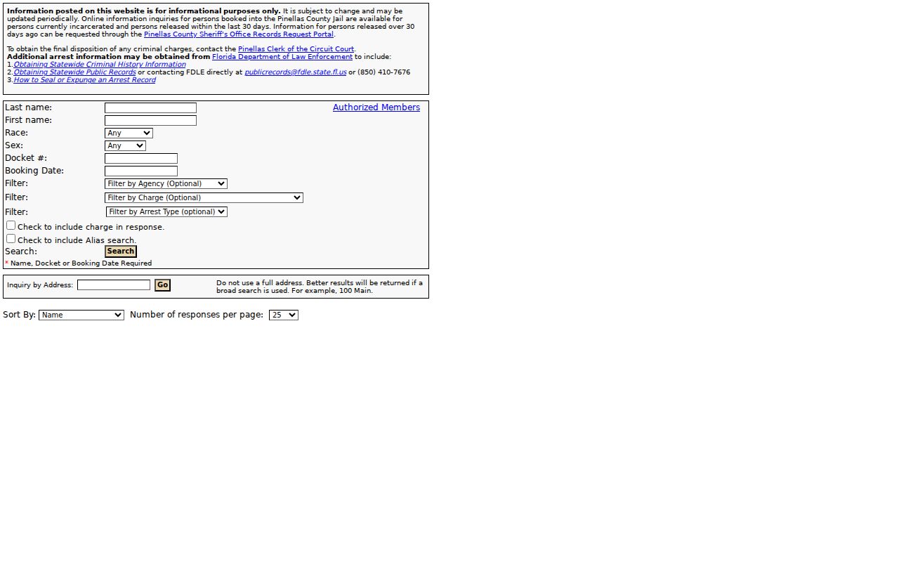 Pinellas County arrest search on the PCSO Arrest Inquiry