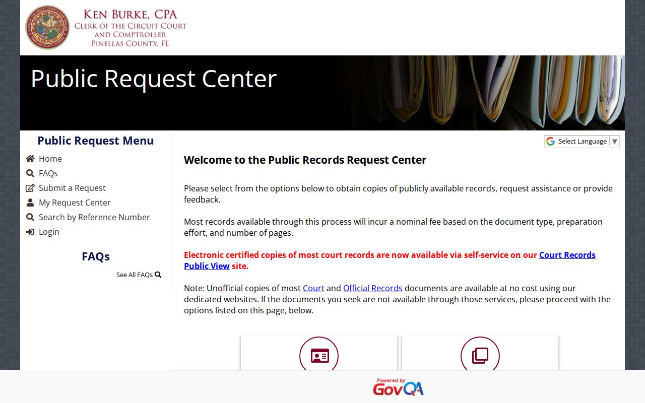 Pinellas County criminal case Clerk request center