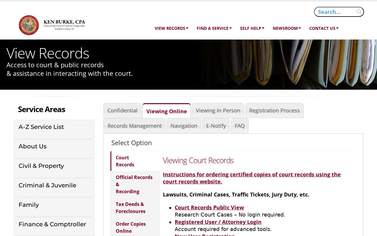 Pinellas County criminal records Clerk View Records access