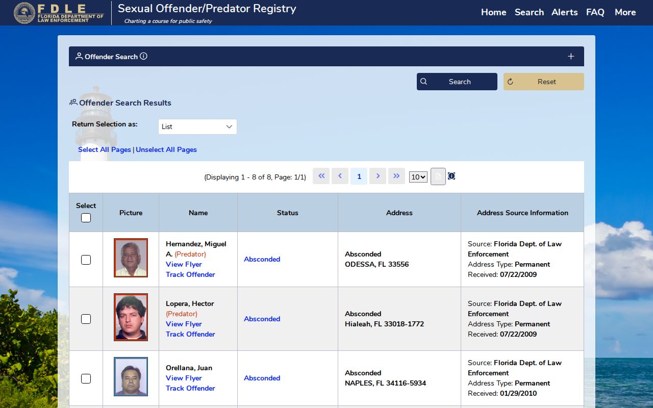 Pinellas County sex offender lookup results in the Florida registry